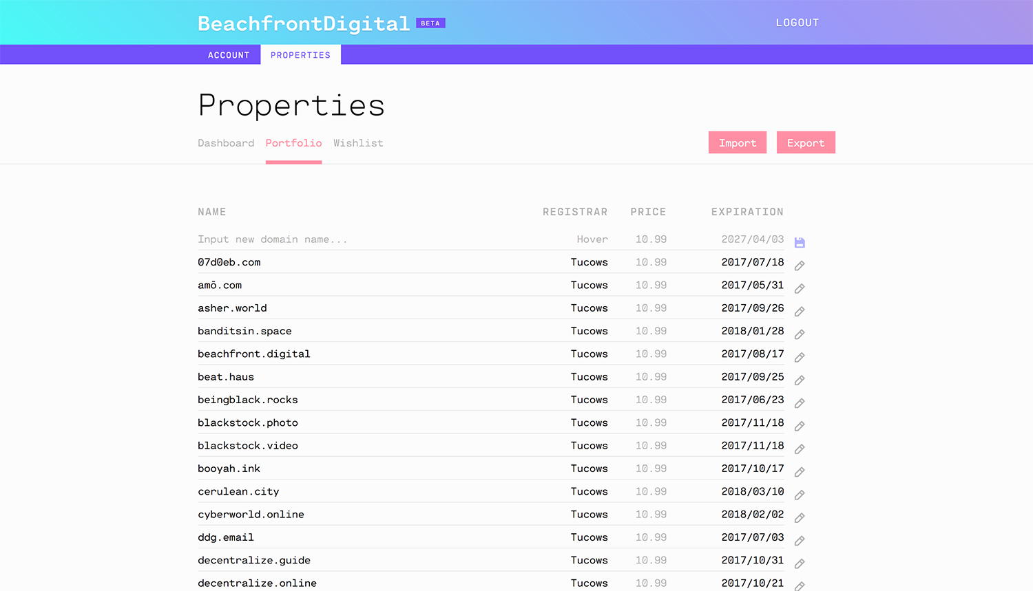 Screenshot of my domain portfolio