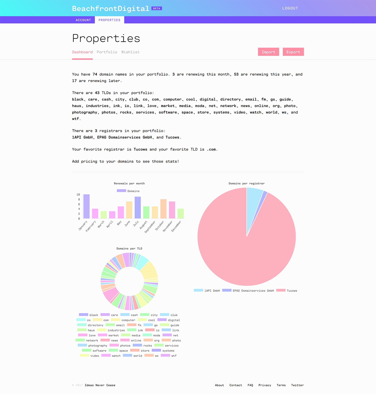 Portfolio dashboard for BeachfrontDigital