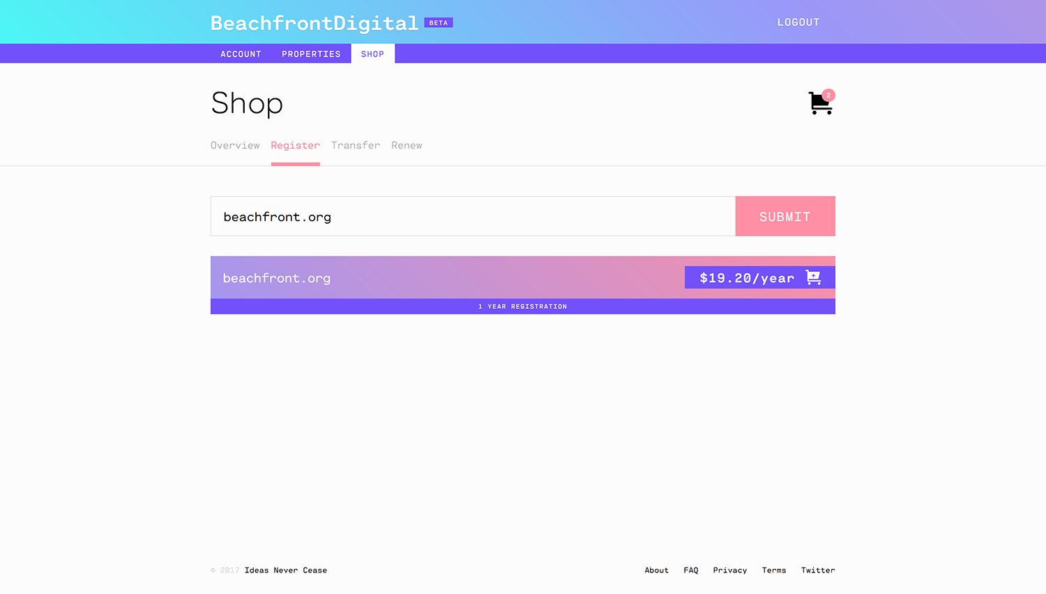 Searching for domains on BeachfrontDigital