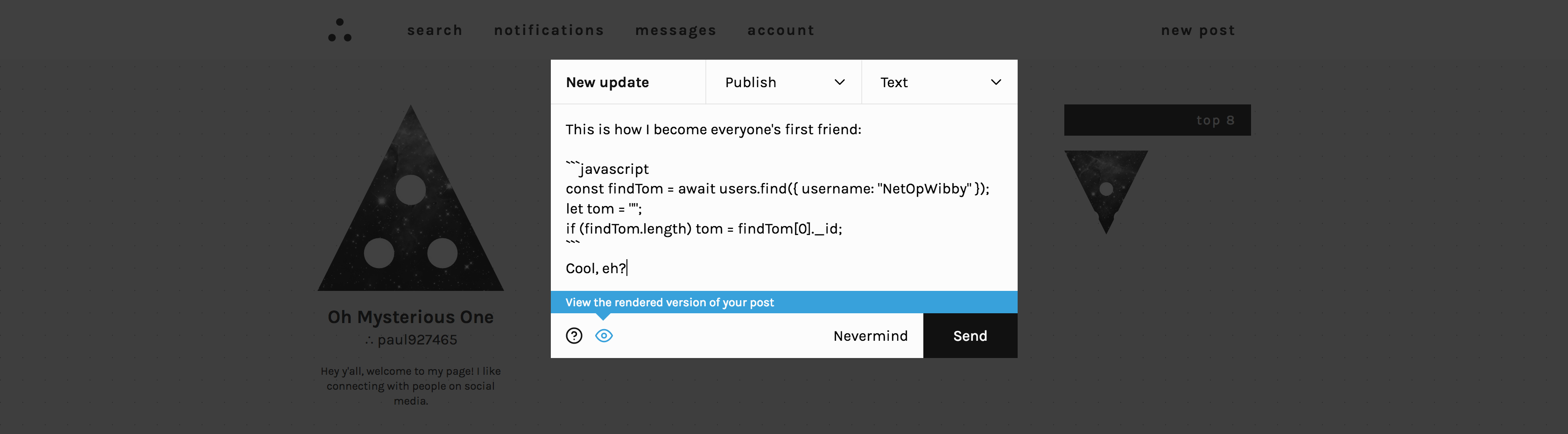 Post creator with a code snippet